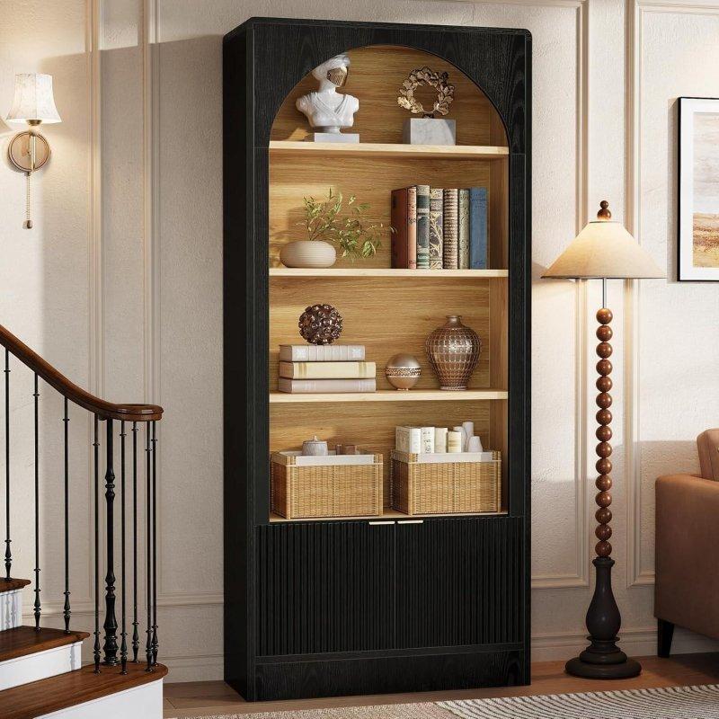 Siyah MDF Kemerli Yivli Kapaklı Dolaplı Kitaplık - 180 cm - 315013