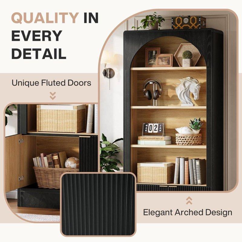 Siyah MDF Kemerli Yivli Kapaklı Dolaplı Kitaplık - 180 cm - 315013