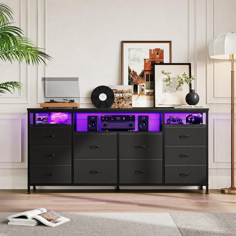 Siyah MDF Kumaş 10 Çekmeceli LED Işıklı ve Prizli TV Sehpası Şifonyer - 161 cm - 308583