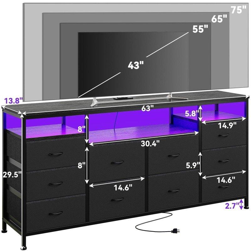 Siyah MDF Kumaş 10 Çekmeceli LED Işıklı ve Prizli TV Sehpası Şifonyer - 161 cm - 308583