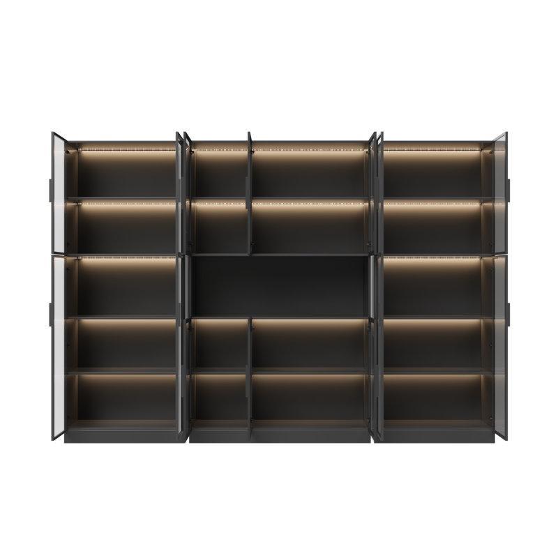 Siyah MDF LED Aydınlatmalı 5 Raflı Kombinasyon Cam Kapaklı Kitaplık - 281 cm - 238688