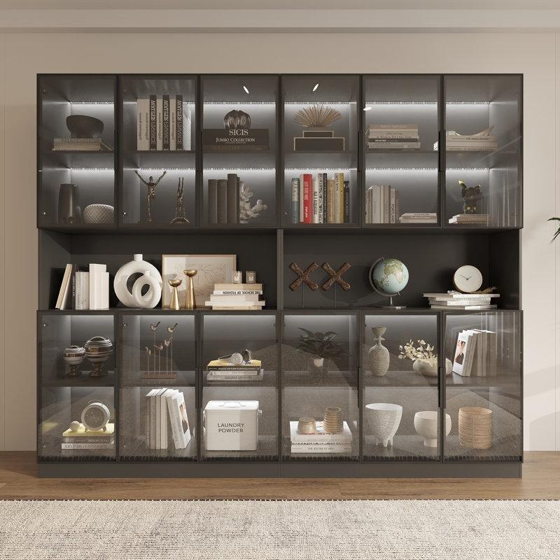 Siyah MDF LED Aydınlatmalı Kombinasyon Cam Kapaklı Kitaplık - 241 cm - 238822