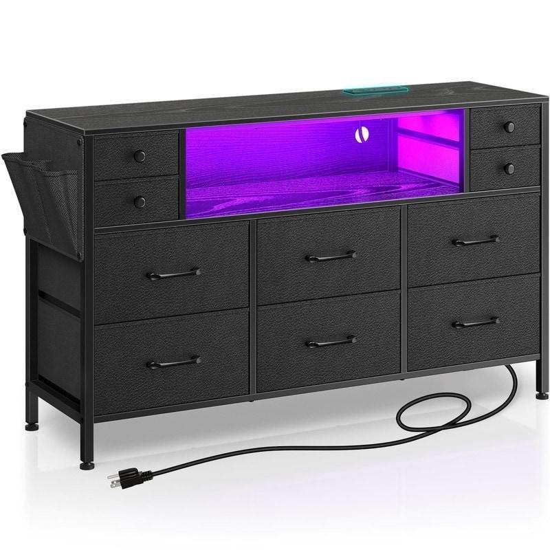 Siyah MDF LED Aydınlatmalı ve Prizli 10 Çekmeceli Şifonyer - 120x30x72 cm - 306862