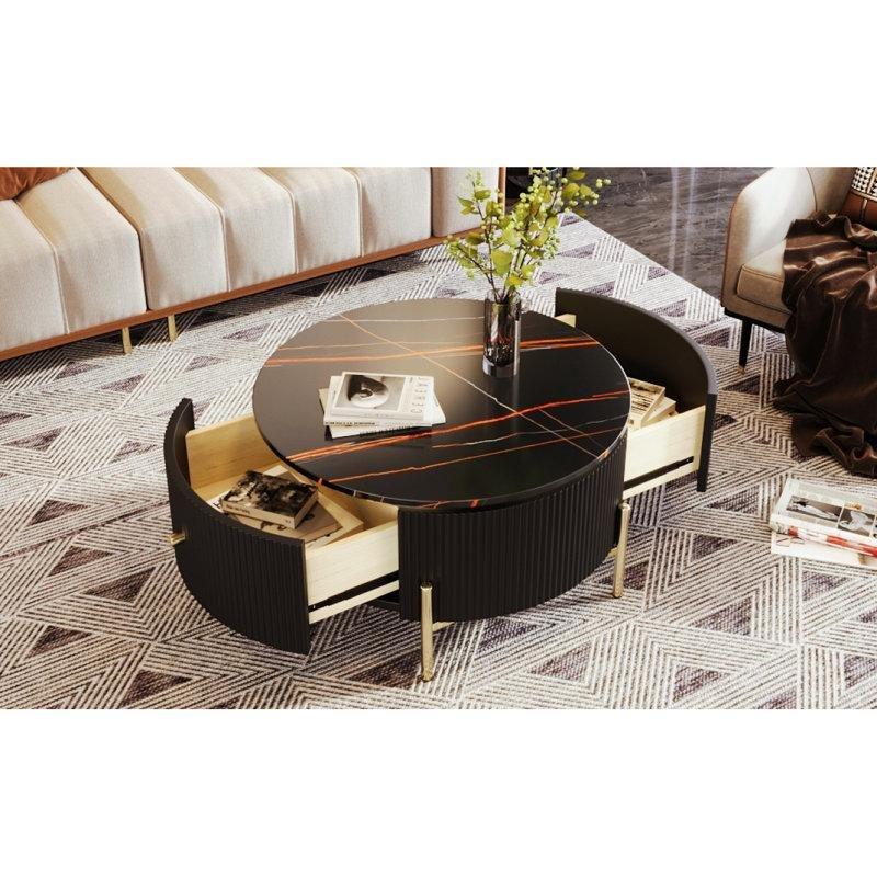 Siyah MDF Mermer Desenli 2 Çekmeceli Metal Ayaklı Yuvarlak Orta Sehpa - 81x43 cm - 244068