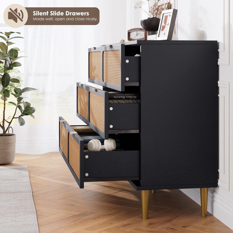 Siyah MDF Meşe Rattan 6 Çekmeceli Metal Ayaklı Şifonyer - 120x101 cm - 300833
