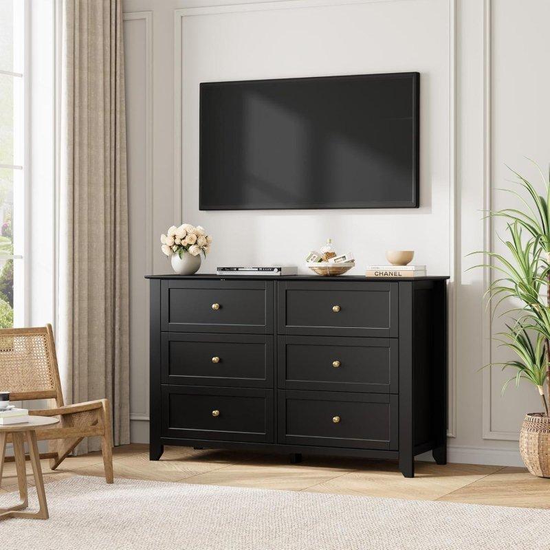 Siyah MDF Metal Kulplu 6 Çekmeceli Modern Şifonyer - 120x40x81 cm - 311901