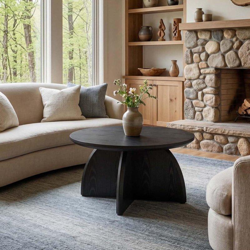 Siyah MDF Modern Kaide Ayaklı Yuvarlak Orta Sehpa - 81x45 cm - 242371