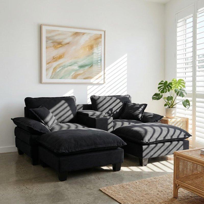 Siyah MDF Modüler USB Şarjlı Saklama Alanlı Bohem Koltuk - 224x155x90 cm - 292008