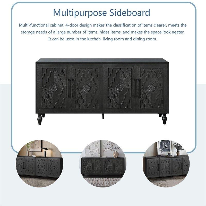 Siyah MDF Oyma Çiçek Desenli Metal Kulplu Bohem Konsol - 160x40x82 cm - 324971
