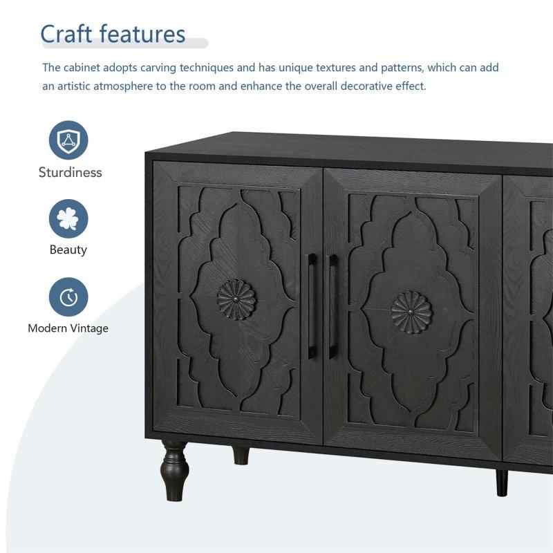 Siyah MDF Oyma Çiçek Desenli Metal Kulplu Bohem Konsol - 160x40x82 cm - 324971
