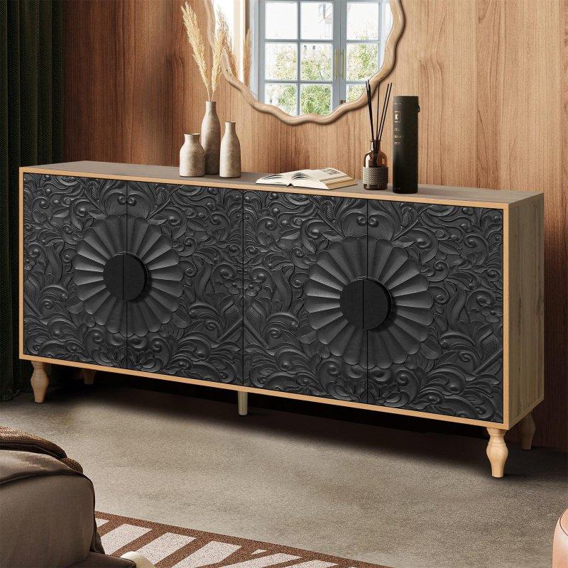 Siyah MDF Oyma Kapaklı Ayarlanabilir Raflı Bohem Konsol - 160x41x82 cm - 325069