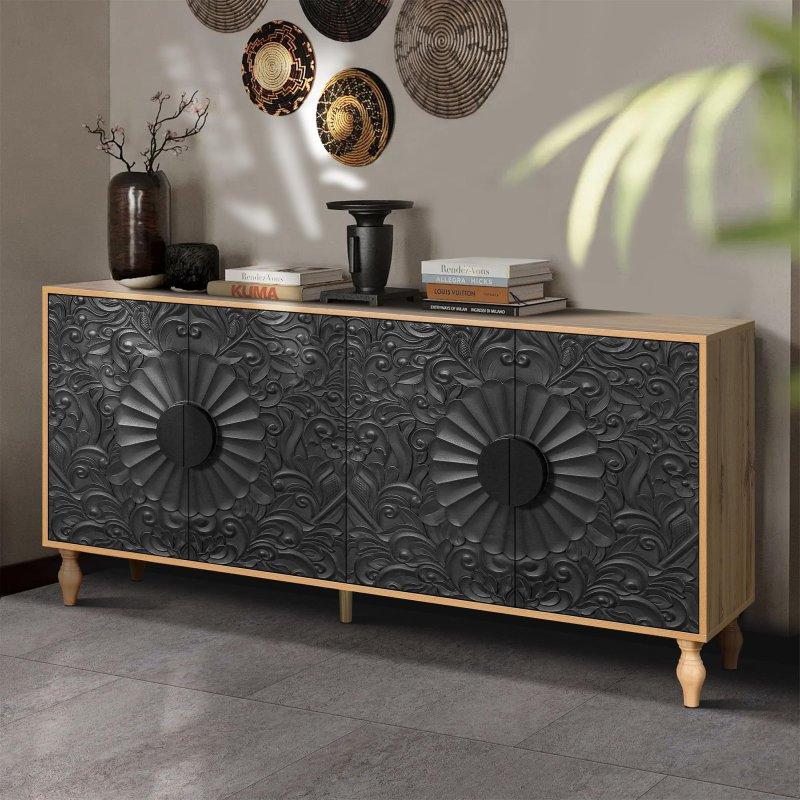 Siyah MDF Oyma Kapaklı Ayarlanabilir Raflı Bohem Konsol - 160x41x82 cm - 325069 Siyah MDF Oyma Kapaklı Ayarlanabilir Raflı Bohem Konsol - 160x41x82 cm - 325069