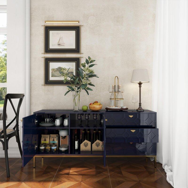 Siyah MDF Petek Desenli Gold Detaylı 3 Çekmeceli 2 Kapaklı Şifonyer - 153 cm - 298580