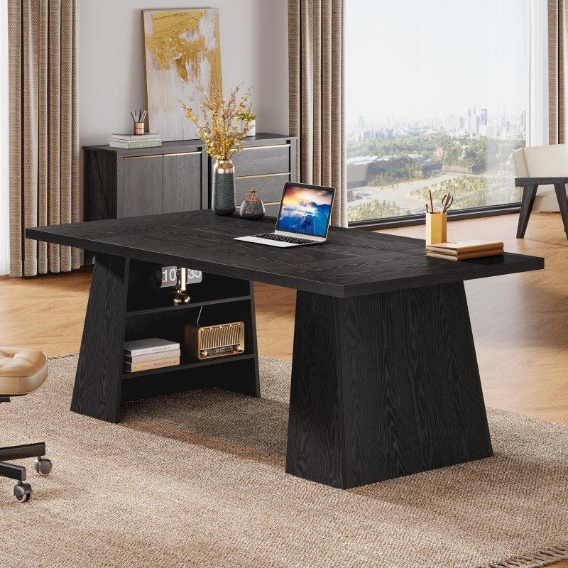 Siyah MDF Raflı Dikdörtgen Ofis Masası - 161x79 cm - 326452