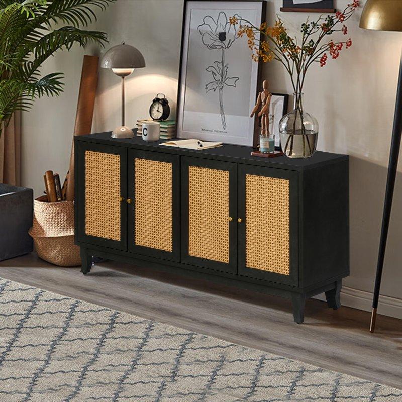 Siyah MDF Rattan 4 Kapaklı Ayarlanabilir Raflı Bohem Konsol - 152x40x83 cm - 324956