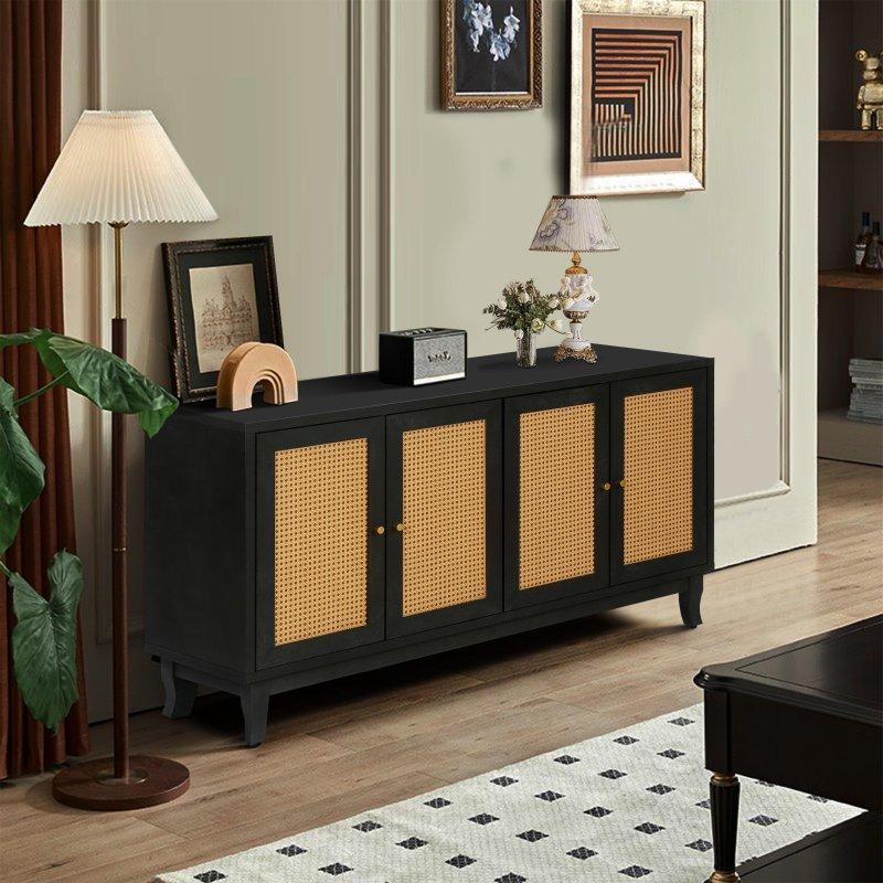 Siyah MDF Rattan 4 Kapaklı Ayarlanabilir Raflı Bohem Konsol - 152x40x83 cm - 324956 Siyah MDF Rattan 4 Kapaklı Ayarlanabilir Raflı Bohem Konsol - 152x40x83 cm - 324956