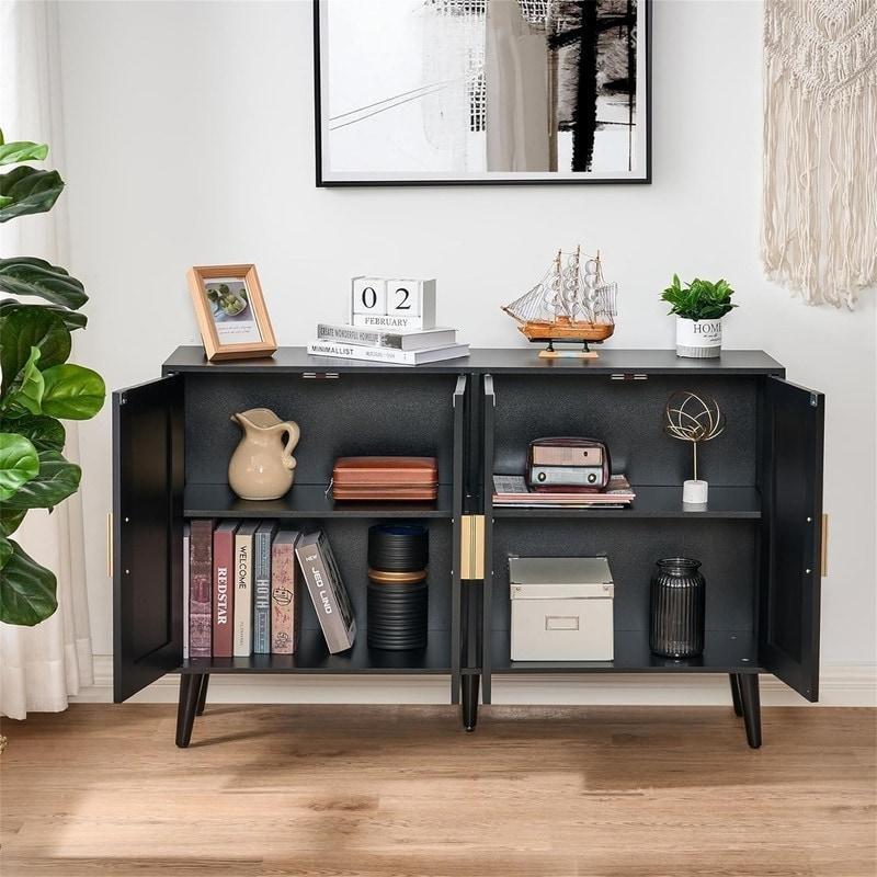Siyah MDF Rattan Detaylı 4 Kapaklı Bohem Konsol - 120x30x75 cm - 325103