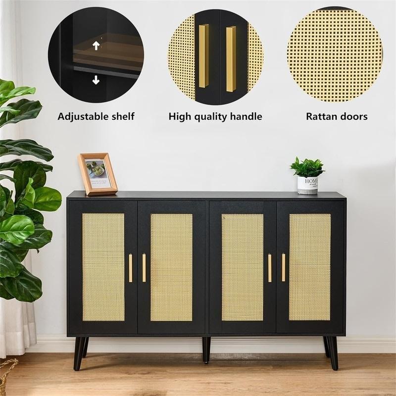 Siyah MDF Rattan Detaylı 4 Kapaklı Bohem Konsol - 120x30x75 cm - 325103