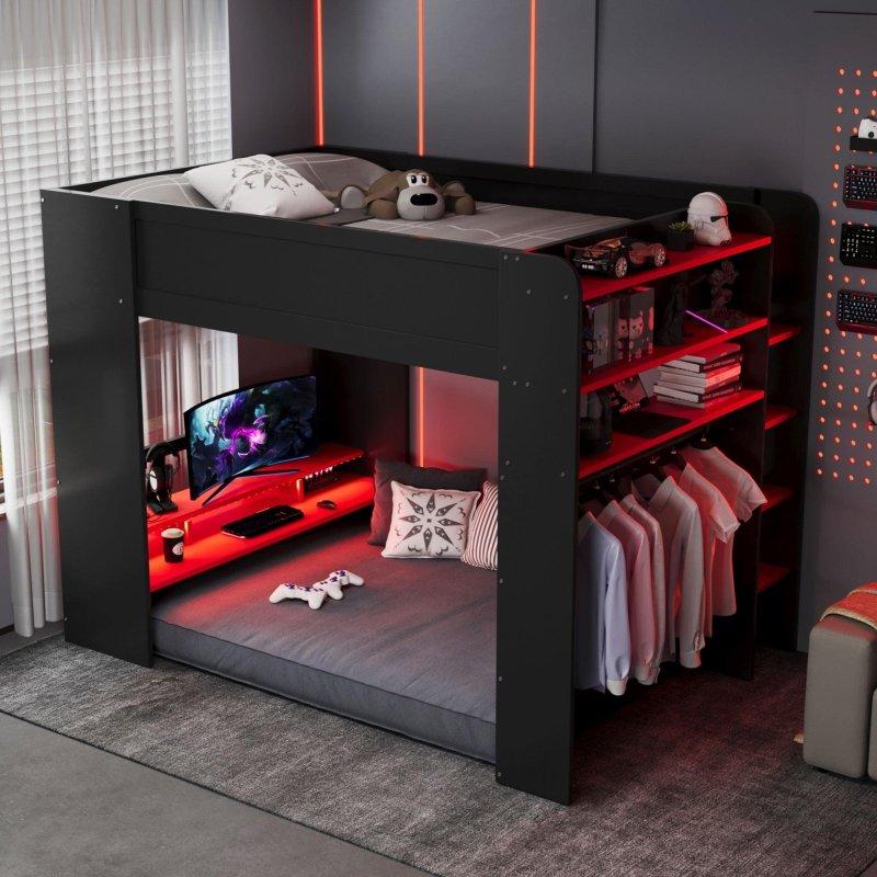 Siyah MDF RGB Aydınlatmalı USB Portlu Çalışma Masalı ve Gardıroplu Oyuncu Ranzası - 217x146 cm - 250045