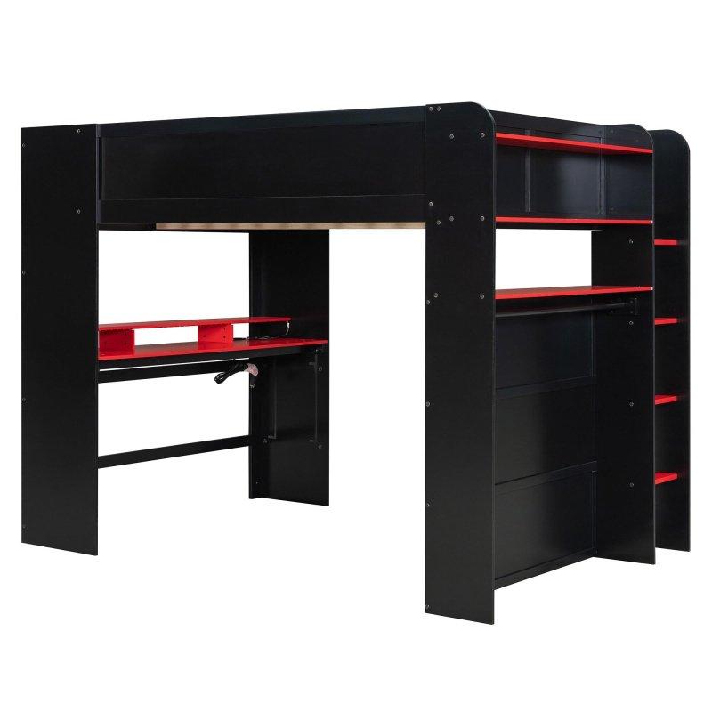 Siyah MDF RGB Aydınlatmalı USB Portlu Çalışma Masalı ve Gardıroplu Oyuncu Ranzası - 217x146 cm - 250045