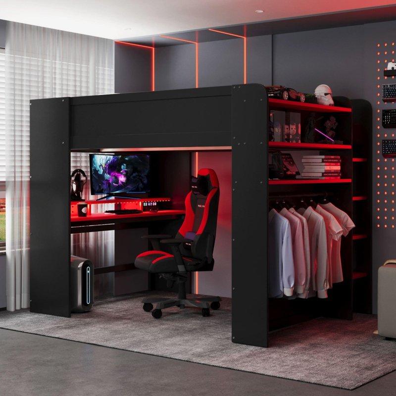Siyah MDF RGB Aydınlatmalı USB Portlu Çalışma Masalı ve Gardıroplu Oyuncu Ranzası - 217x146 cm - 250045