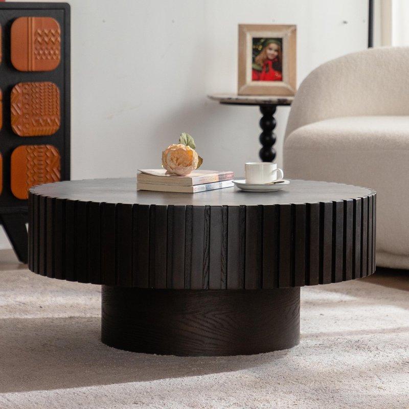 Siyah MDF Rölyef Desenli Kaide Ayaklı Yuvarlak Orta Sehpa - 81 cm - 239651