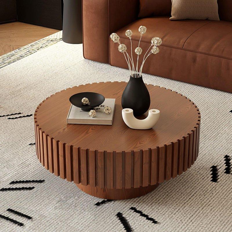 Siyah MDF Rölyef Desenli Kaide Ayaklı Yuvarlak Orta Sehpa - 81 cm - 239651