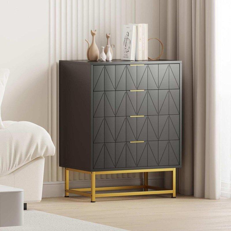 Siyah MDF Tablalı Metal Çerçeveli 4 Kumaş Çekmeceli Şifonyer - 40x30x74 cm - 300646
