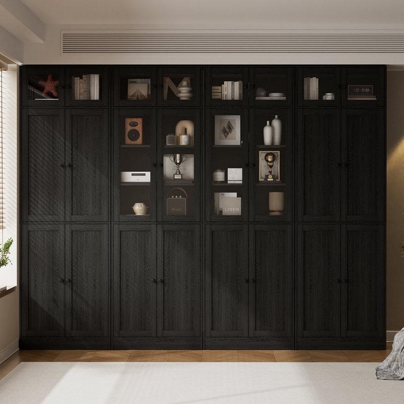 Siyah MDF Üç Modüllü 7 Raflı Cam Kapaklı Kitaplık - 221x240 cm - 238738