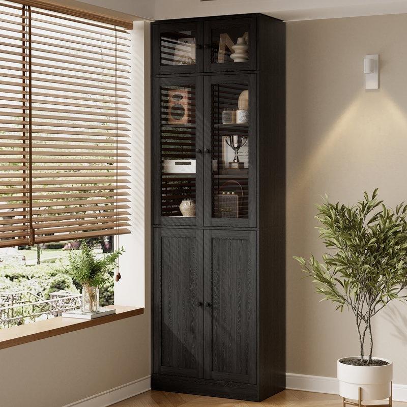 Siyah MDF Üç Modüllü 7 Raflı Cam Kapaklı Kitaplık - 221x240 cm - 238738