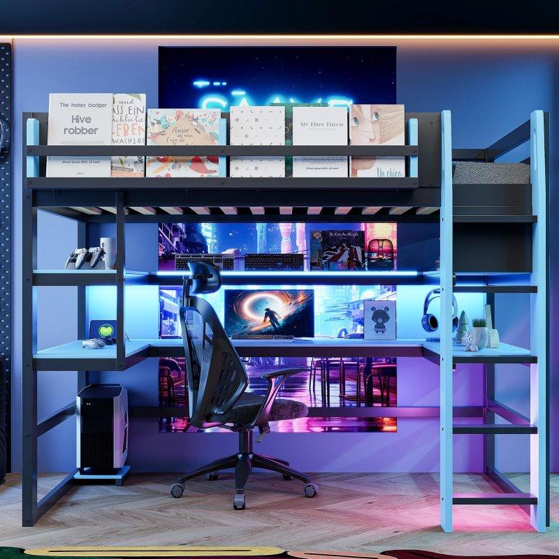 Siyah MDF ve Ahşap Çalışma Masalı USB Şarjlı RGB LED Işıklı Ranza - 249723