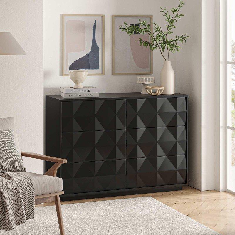 Siyah MDF ve Ahşap Geometrik Desenli 6 Çekmeceli Şifonyer - 127x46x92 cm - 298402
