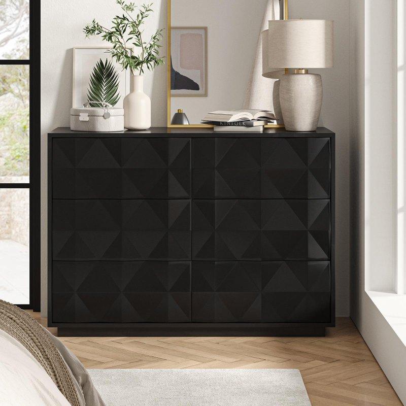 Siyah MDF ve Ahşap Geometrik Desenli 6 Çekmeceli Şifonyer - 127x46x92 cm - 298402