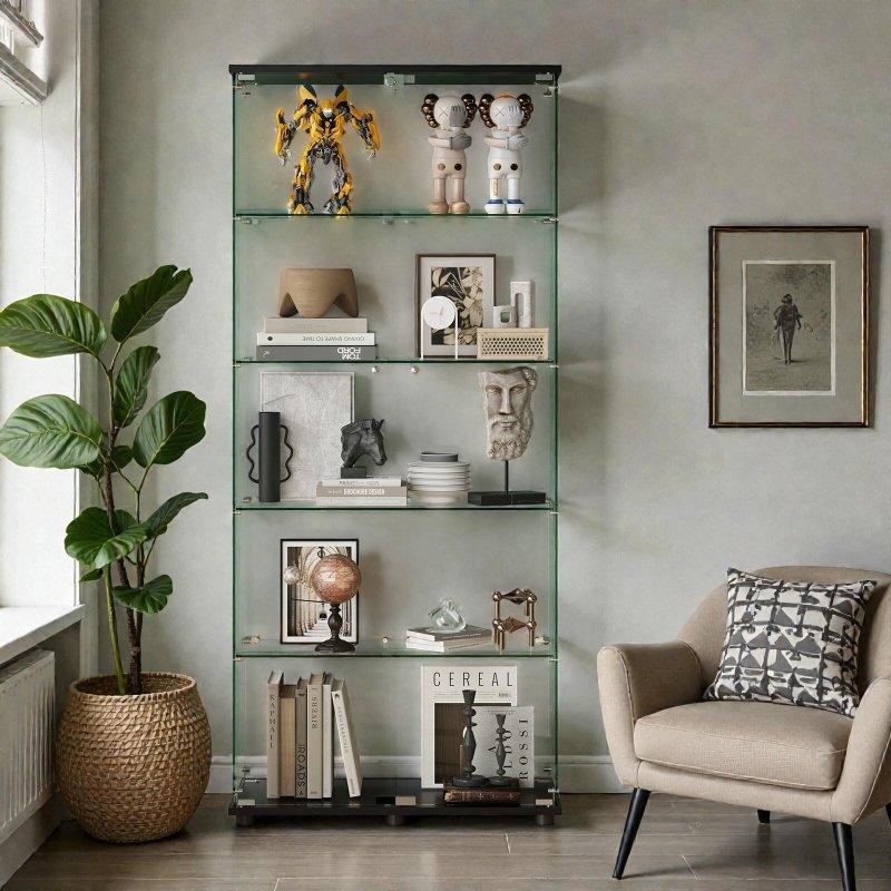 Siyah MDF ve Cam 5 Raflı Kilitli Kitaplık - 183x82x36 cm - 313947