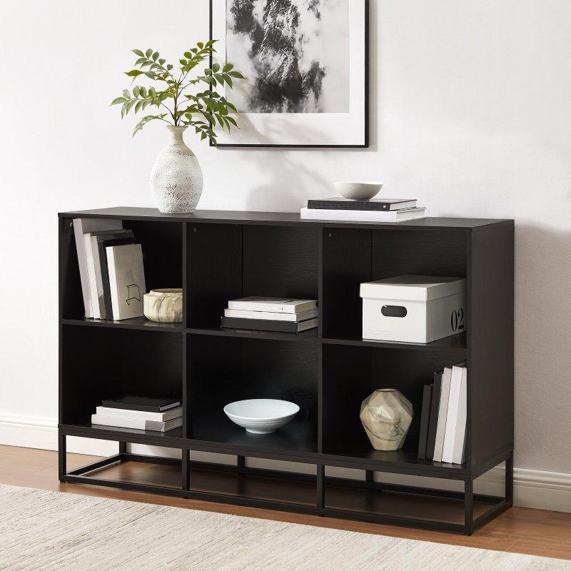 Siyah MDF ve Çelik Endüstriyel 6 Küp Raflı Plak Standı Kitaplık - 153 cm - 319256