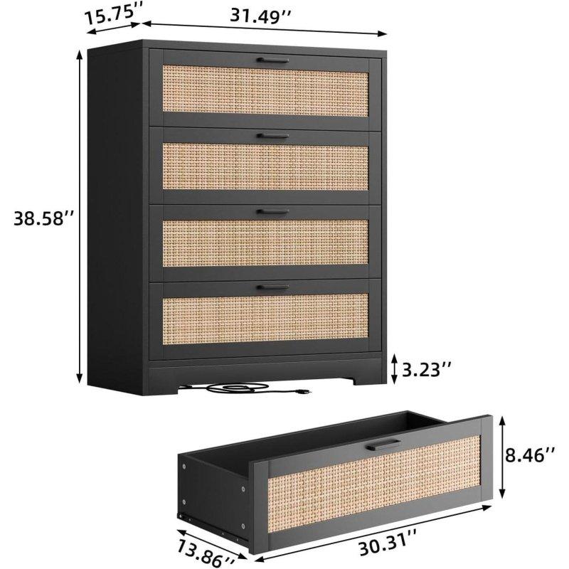 Siyah MDF ve Hasır 4 Çekmeceli Dahili Prizli Şifonyer - 80x41x98 cm - 310476