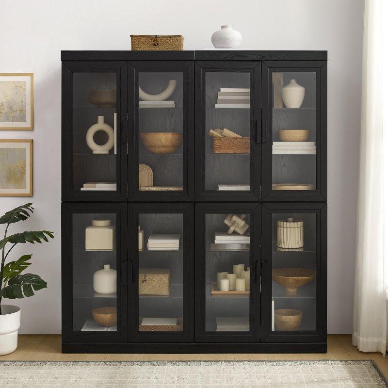 Siyah MDF ve Kaplama Modüler 2li Set Cam Kapaklı Kitaplık - 162x41x183 cm - 238966