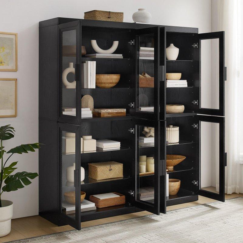 Siyah MDF ve Kaplama Modüler 2li Set Cam Kapaklı Kitaplık - 162x41x183 cm - 238966