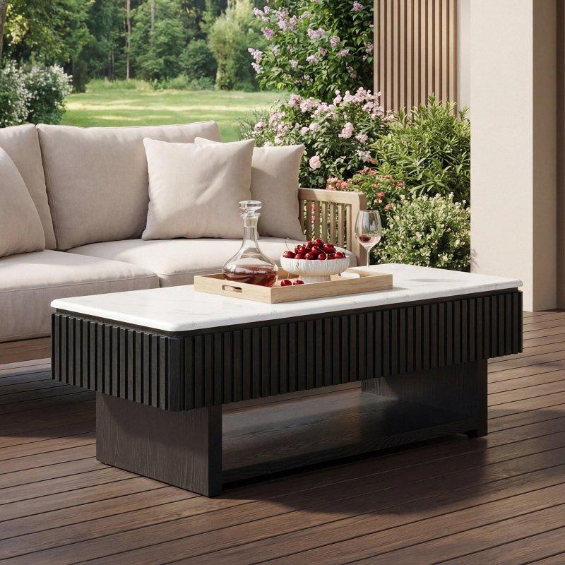 Siyah MDF ve Masif Ahşap Asansörlü Çekmeceli Yivli Akıllı Sehpa - 119 cm - 254205