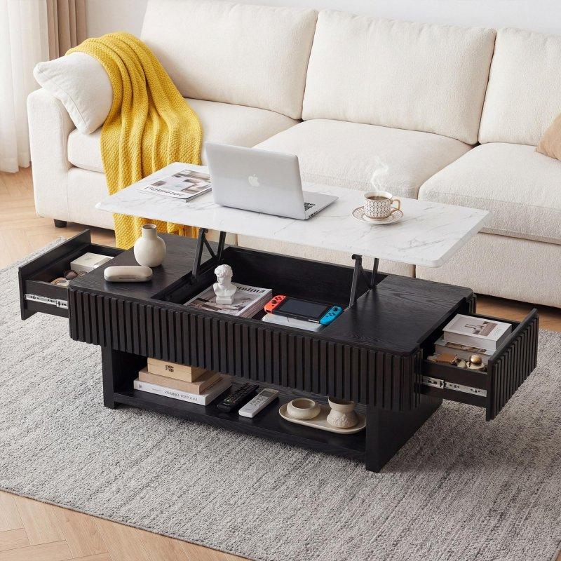 Siyah MDF ve Masif Ahşap Asansörlü Çekmeceli Yivli Akıllı Sehpa - 119 cm - 254205