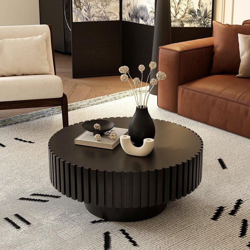 Siyah MDF ve Masif Ahşap El Yapımı Oymalı Yuvarlak Orta Sehpa - 81x36 cm - 240938