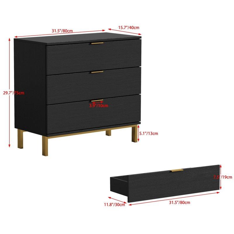 Siyah MDF ve Metal 3 Çekmeceli Şifonyer - 76 cm - 300866