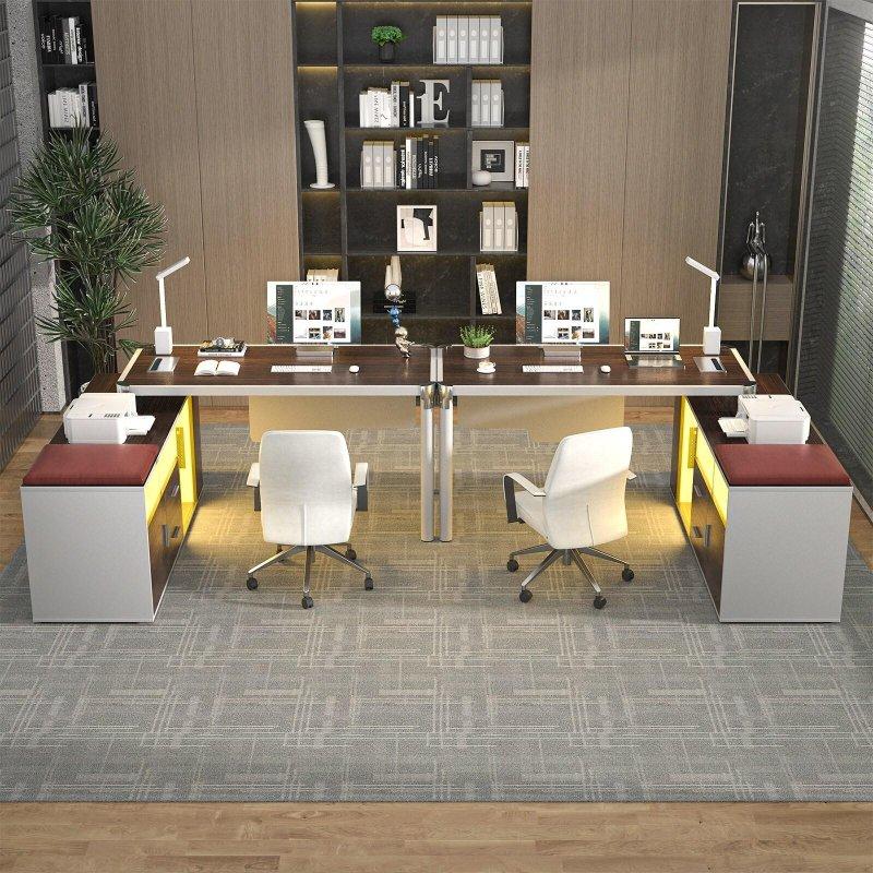 Siyah MDF ve Metal LED Işıklı Dosya Dolaplı ve Prizli L Tipi Ofis Masası - 140x140 cm - 326724