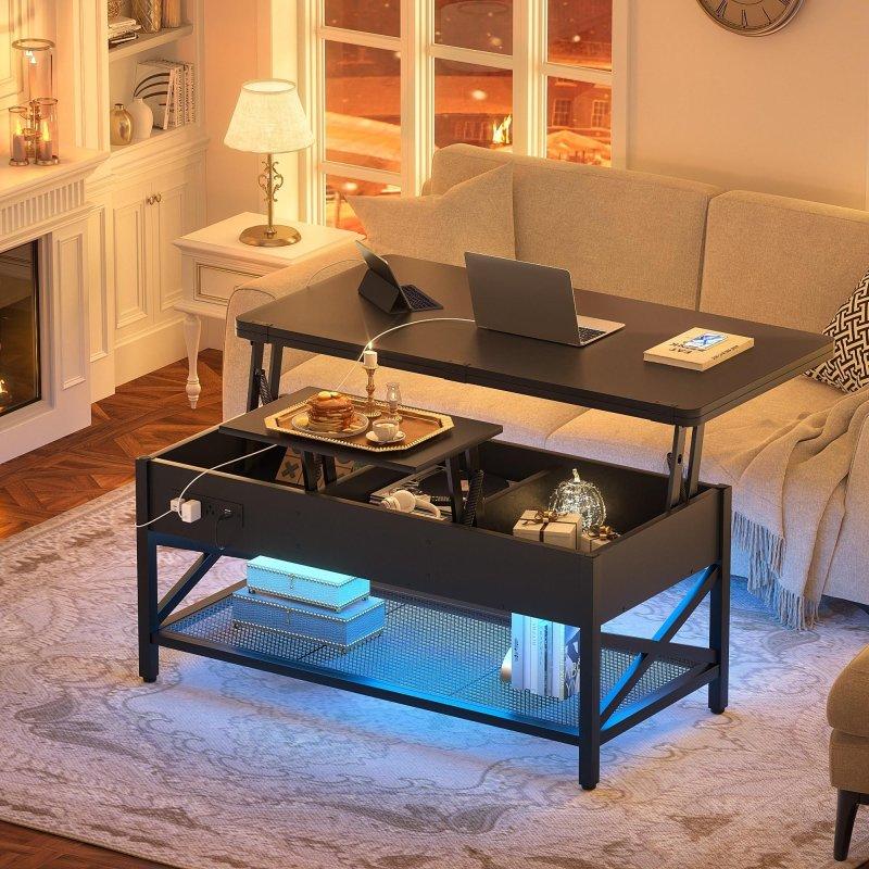 Siyah MDF ve Metal LED Işıklı Prizli Yemek Masasına Dönüşen Akıllı Sehpa - 254371