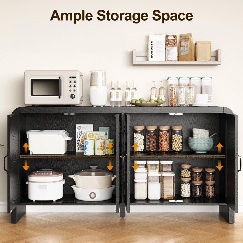 Siyah MDF ve Rattan 4 Kapaklı Ayarlanabilir Raflı Bohem Konsol - 151 cm - 324882