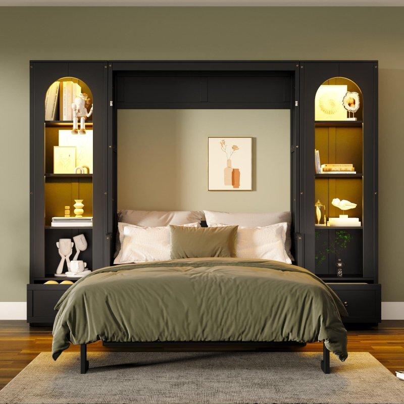 Siyah MDF Yan Dolaplı ve LED Aydınlatmalı Duvar Yatağı - 265777