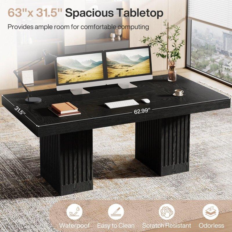 Siyah MDF Yivli Kenarlı Çift Ayaklı Ofis Masası - 160x80 cm - 326499
