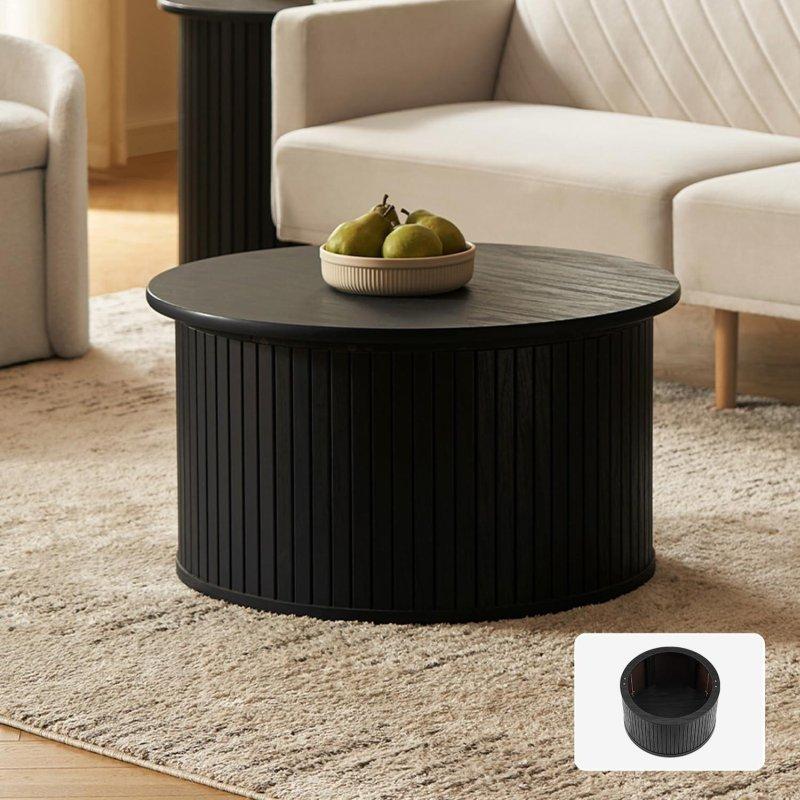 Siyah MDF Yivli Saklama Alanlı Yuvarlak Orta Sehpa - 70x39 cm - 240983
