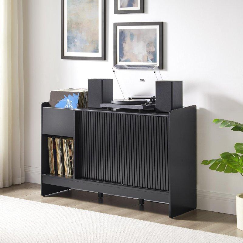 Siyah MDF Yivli Sürgülü Kapaklı Plak Depolamalı Kitaplık - 133x41x84 cm - 315367