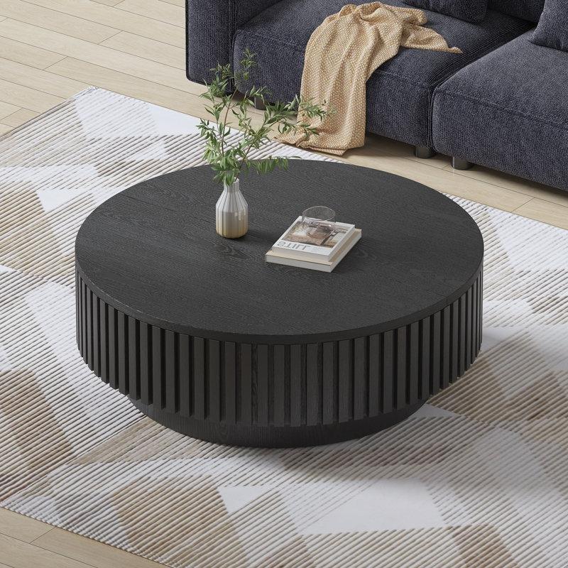 Siyah MDF Yivli Tasarım Saklama Alanlı Yuvarlak Orta Sehpa - 81 cm - 246072